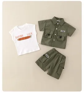 Detailed flat lay of boys 3-piece utility set with green shirt, vest, and cargo shorts