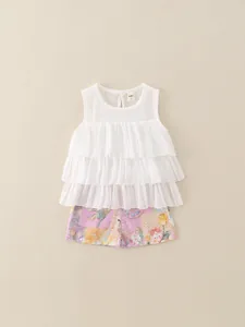Set di Abbigliamento Estivo da Ragazza Gilet in Chiffon Senza Maniche a Balze Bianco e Pantaloncini a Fiori Dolce Completo da Principessa per Bambini