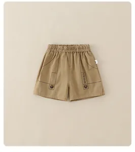 Detail of khaki toddler shorts with elastic waistband and woven size 80 side label