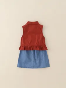 Girls summer two-piece set featuring sleeveless ruffle top and denim skirt combo