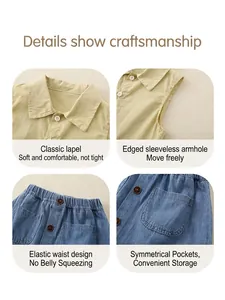Girls summer set with yellow sleeveless lapel top and denim shorts featuring two pockets