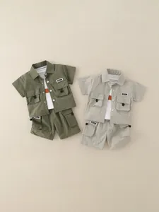 Summer Boys Cargo Shorts Outfit Lapel Short Sleeve Shirt T-Shirt And Pocket Shorts Korean Style Kids Clothing Set