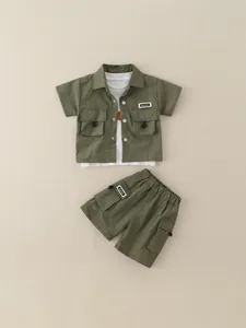 Boys summer two-piece military green cargo shirt and shorts outfit set for kids
