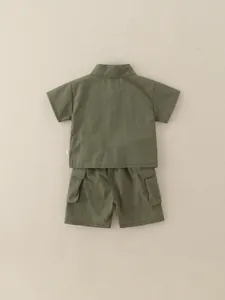 Boys summer military green utility cargo two-piece outfit with shirt and shorts