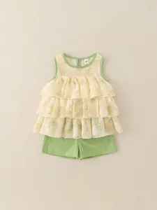 Girls Summer Floral Ruffle Sleeveless Top And Green Shorts Set Korean Style Lightweight Breathable Casual Two Piece Outfit For Toddler Kids