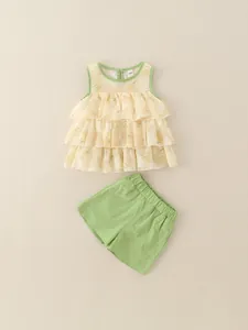 Toddler girls summer floral sleeveless top and green shorts breathable two-piece outfit