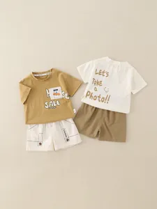Boys Summer Short Sleeve T-Shirt And Shorts Set Cotton Blend Cartoon Dog Letter Print Casual Two Piece Outfit For Kids
