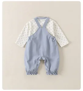 Detailansicht des Baby-Sets mit blau gepunktetem Hemd und hellblauer Latzhose
