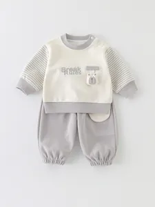 Toddler Infant Baby Boy Clothes Striped Long Sleeve Sweatshirt And Jogger Pants Outfit With Cartoon Bear Patchwork