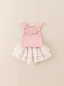 Completo Pagliaccetto Estivo da Neonata Rosa con Colletto a Volant Top a Costine e Vestito a Strati Floreale da Principessa
