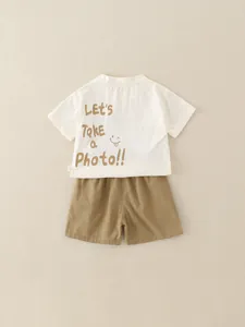 Boys summer cotton T-shirt and shorts set with cartoon smiley print in white and brown
