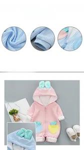 Detail of waffle knit fabric and zipper safety for baby hooded bunny romper suit