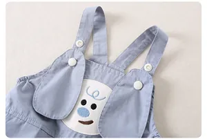Nahaufnahme hellblauer Baby-Latzhose aus Baumwolle mit Stickerei und Druckknopf-Details