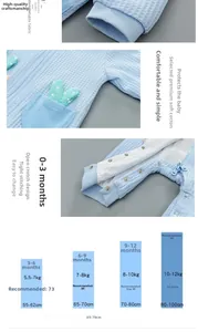 Size chart and close-up details of baby rabbit hooded romper with waffle fabric