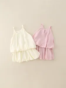 Ensemble de Vêtements d'Été pour Filles Bambin Bébé Camisole Haut et Short Bouffant Ensemble Deux Pièces Rose Ivoire Couleur Unie Décor de Nœud Tenue Sans Manches Respirante