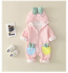 Pink waffle cotton baby romper with hood and cute cactus pocket details on neutral background
