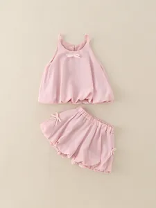 Ensemble d'été rose mignon pour bébés filles avec nœuds et short bouffant stylé
