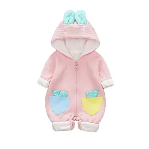 Pink rabbit ear hooded infant jumpsuit in soft waffle knit cotton for spring warmth