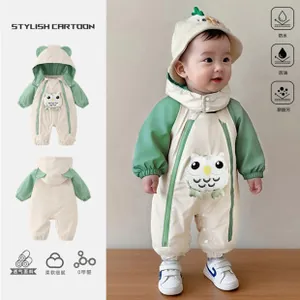 Detail of waterproof fleece baby romper featuring a cute 3D cartoon owl design