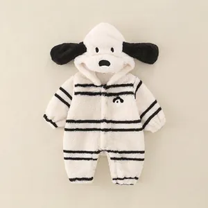 Detailed view of striped baby romper featuring a cute 3D cartoon dog ear hooded design