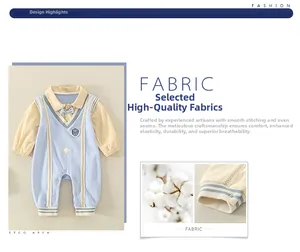 Detail of baby romper featuring cotton texture, bow tie and decorative chest badge