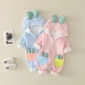Cute Baby Romper Waffle Knit Hooded Bodysuit Cactus Decor Rabbit Ears Long Sleeve Jumpsuit For Infants Newborn Boys Girls