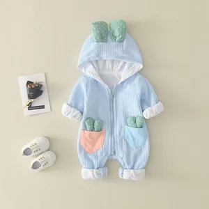 Light blue waffle knit baby romper with rabbit ear hood and cactus pocket details