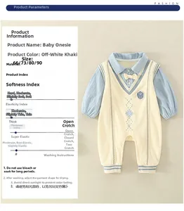 Detailed size chart and product specifications for cotton infant romper with striped design