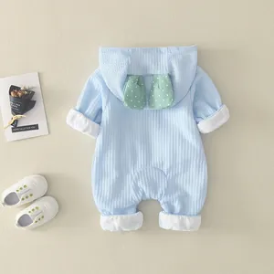 Light blue waffle knit baby romper with cute rabbit ears hood and white trim design