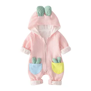 Pink waffle knit baby hooded romper with cactus decor and colorful contrast pockets