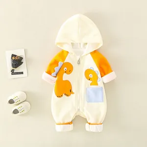 Baby Cotton Cartoon Dinosaur Hooded Romper Long Sleeve Zip Up Jumpsuit For Newborn Infant Toddler Boy Girl Casual Outfit