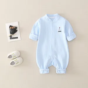Light blue newborn cotton long sleeve romper with boat embroidery and snap buttons