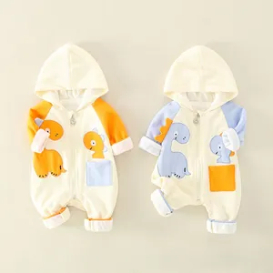 Newborn cotton hooded romper with dinosaur embroidery and contrast color pocket design