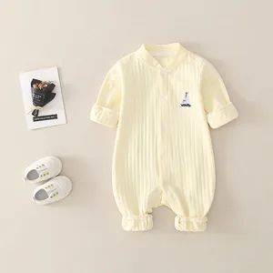 Newborn baby soft cotton yellow long sleeve romper with sailboat embroidery detail