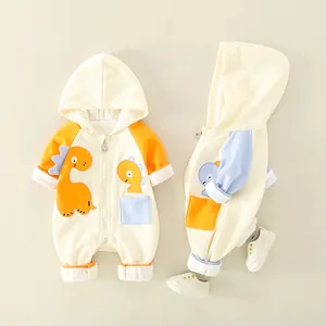 Cozy hooded cotton baby romper with cartoon dinosaur patch and contrast color pockets