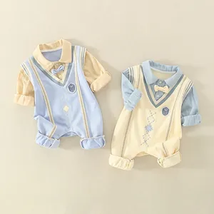 Baby Preppy Style Romper Faux Two Piece Long Sleeve Jumpsuit With Bowtie Embroidery Cotton Newborn Clothing For Boys Girls