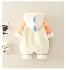 Detail of baby dinosaur hooded romper with warm fleece fabric and contrast sleeves
