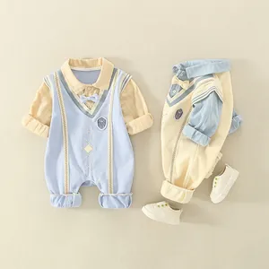 British style cotton newborn rompers in light blue and yellow with v-neck vest and bow tie