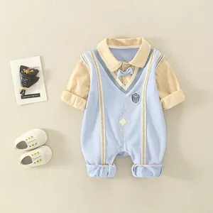 Gentleman style newborn long-sleeve romper with bowtie and diamond quilted pattern