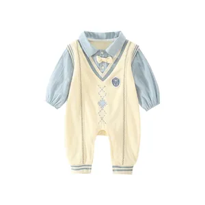 Newborn baby romper with blue striped shirt and beige knit vest for spring wear