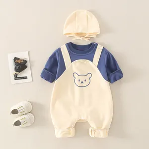 Baby Jungen Mädchen Baumwolle Falscher Zweiteiler Strampler Langarm Jumpsuit Mit Haube Cartoon Bär Druck Frühling Herbst Kleidung
