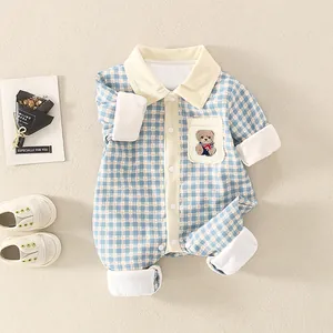 Barboteuse Bébé à Carreaux Ours Manches Longues Coton Combinaison Nouveau-Né Vêtements Automne Tenue Une Pièce Enfant