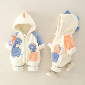 Cute Cartoon Dinosaur Baby Fleece Romper Winter Thickened Hooded Jumpsuit For Newborn Boys Girls Outdoor Warm Clothing
