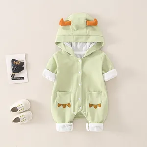 Cute light green dinosaur infant romper in pure cotton for spring outdoor wear
