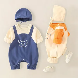Newborn Baby Long Sleeve Hooded Romper And Hat Cotton Bear Print Infant Autumn Spring Jumpsuit Pajamas Casual Clothing