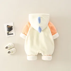 Fleece lined dinosaur baby romper with hood in cream and orange for autumn and winter