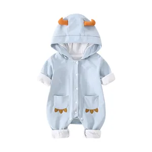 Blue cotton baby romper with cartoon monster hood and 3D horns for infants