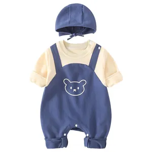 Baby Jungen Frühling Baumwolle Langarm Jumpsuit mit Bärenprint und Mütze Set