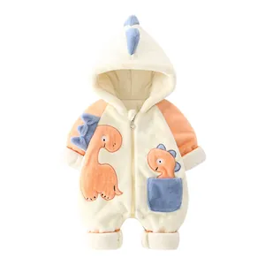 Thick fleece baby hooded romper with dinosaur design for winter warmth and comfort