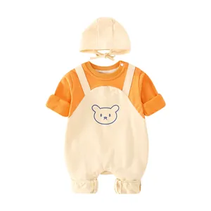 Newborn long sleeve bear romper with matching hat in orange and white cotton